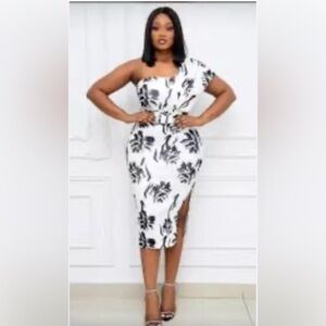 ASOS Elegant Black and White Floral One-Shoulder Dress